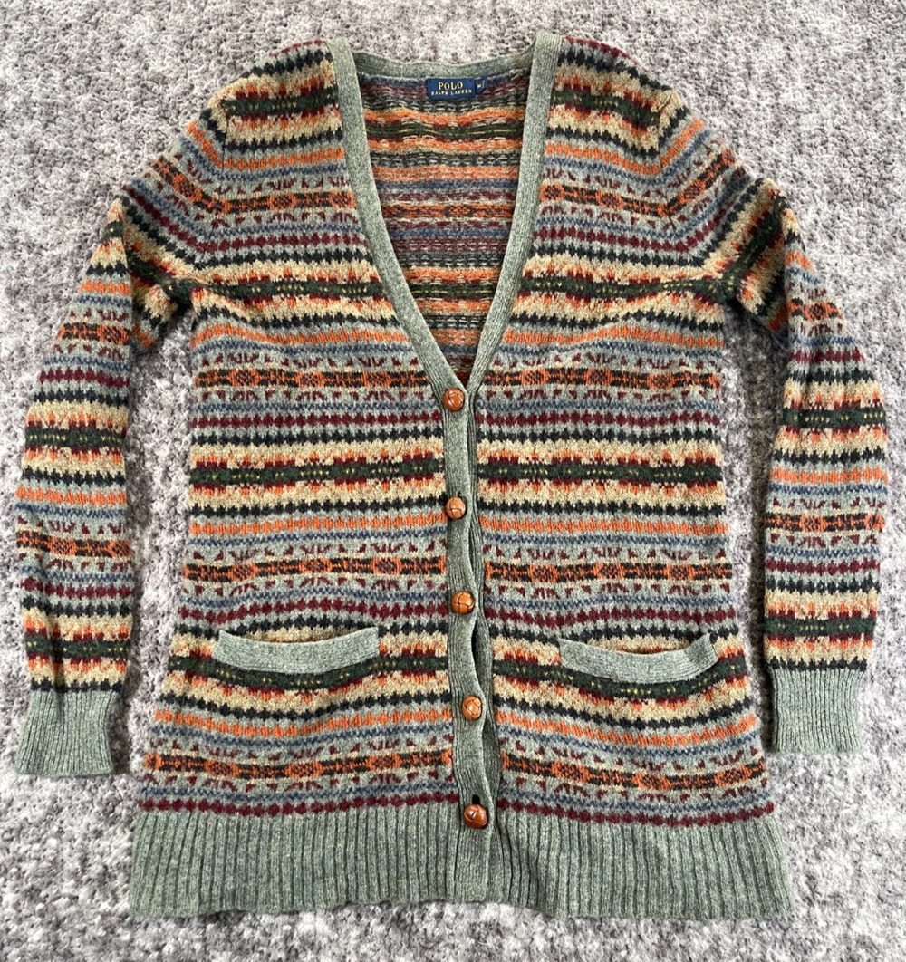 Polo Ralph Lauren Fair Isle Knit Cardigan Wool Blend Rustic Buttons Sz M